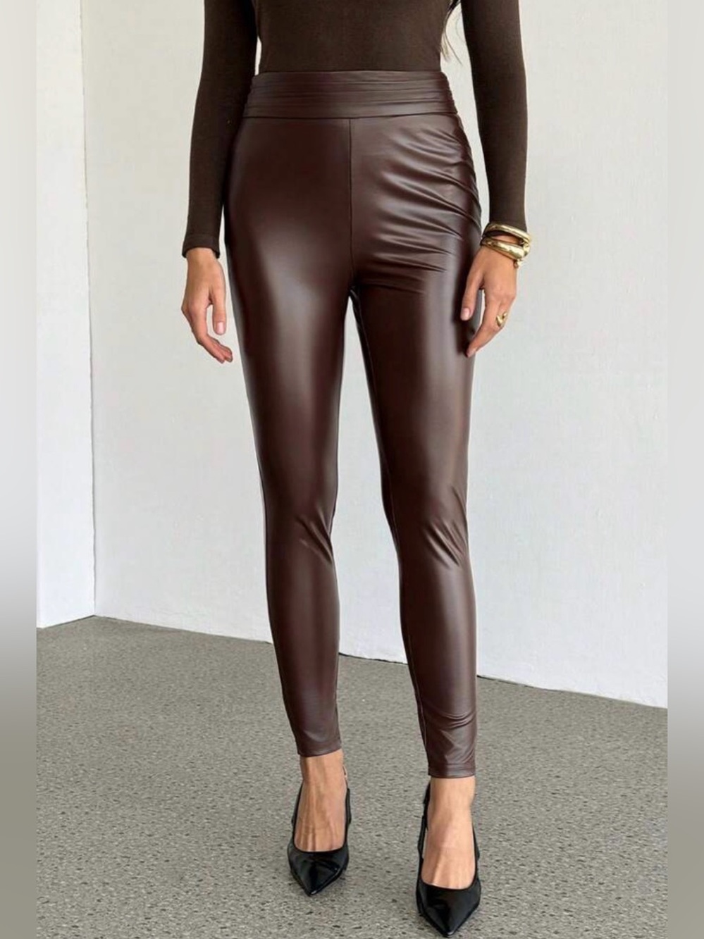Faux Leather High-Waist Leggings - Brown